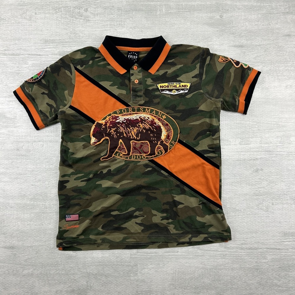 Krisp NYC Polo Shirt Mens Small Camouflage‎ Camo Sportsman Outdoor Bear Patch